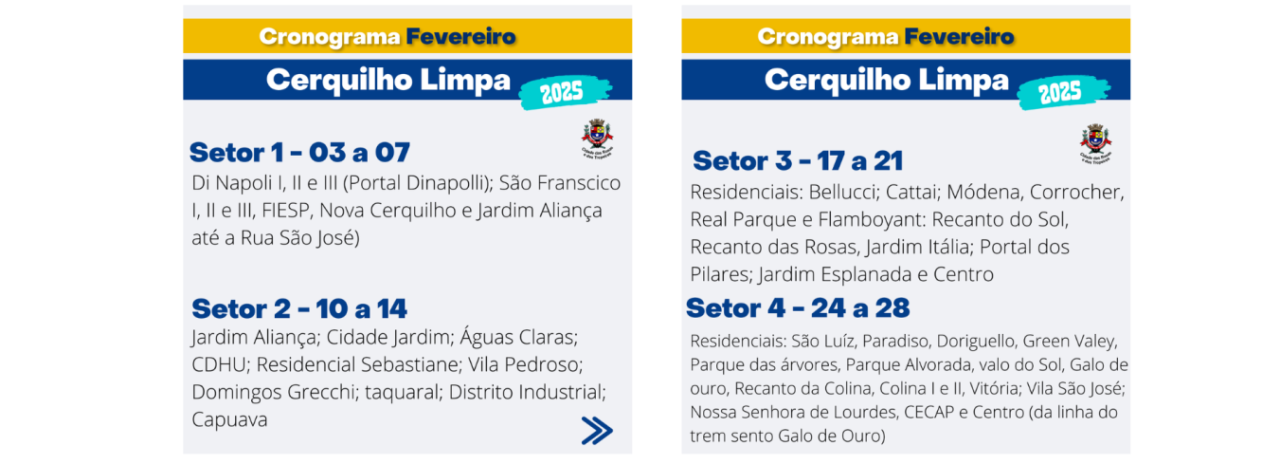 Prefeitura de Cerquilho informa o Cronograma Cerquilho Limpa - Fevereiro/2025. Confira!