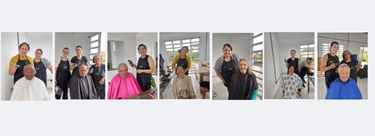 Alunas do curso de cabeleireira promovem uma tarde de beleza com cortes de cabelos aos moradores do programa Vida Longa.   