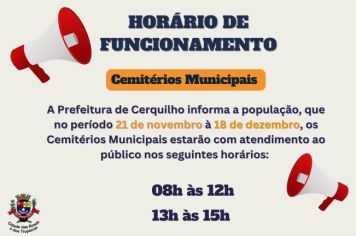Prefeitura de Cerquilho informa sobre o horário de funcionamento dos Cemitérios Municipais 
