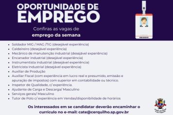 A Prefeitura de Cerquilho, através do CATE – Central de Atendimento ao Trabalhador e à Empresa, informa as vagas disponíveis nesta semana