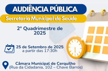A Secretaria Municipal de Saúde convida toda a população para participar da Audiência Pública do 2º Quadrimestre de 2025. Confira!