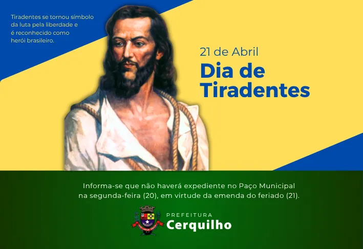 Informa-se que não haverá expediente no Paço Municipal na segunda-feira (20), em virtude da emenda do feriado (21).