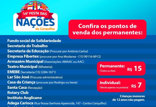 Saiba os ponto de venda dos ingressos da 14ª Festa da Nações de Cerquilho, que acontecerá nos dias 14, 15 e 16 de junho.