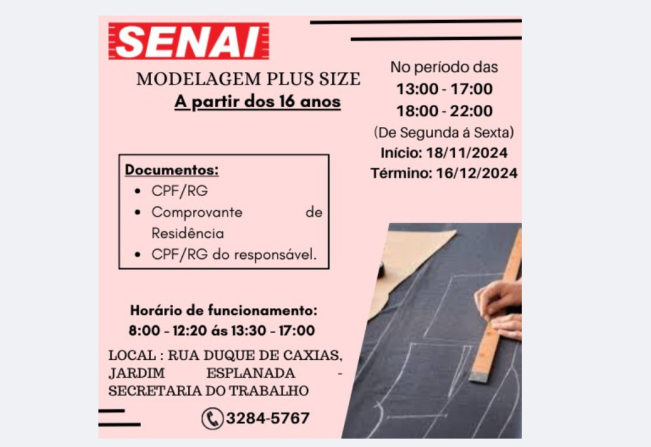 A Prefeitura Municipal de Cerquilho em parceria com a escola SENAI Luiz Plagiato, informam que estão abertas as matrículas para o curso de Modelagem e Costura de moda Plus Size. 