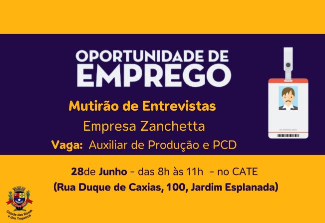 A Prefeitura de Cerquilho, através do CATE – Central de Atendimento ao Trabalhador e à Empresa, informa a população sobre o Mutirão de Entrevistas neste sexta-feira, 28 de junho. 