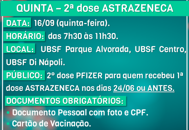 Secretaria da Saúde informa cronograma de vacinação para esta quinta e sexta-feira, 16 e 17/09