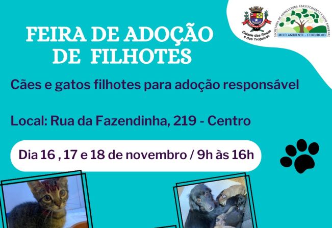 Prefeitura de Cerquilho realiza Feira de Adoção de Filhotes nos dias 16, 17 e 18 de Novembro