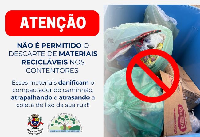 A Prefeitura de Cerquilho, por meio da Secretaria da Agricultura, Abastecimento e Meio Ambiente faz o alerta a população sobre o descarte correto no contentor azul.
