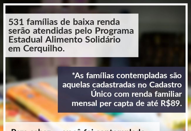 531 famílias de baixa renda de Cerquilho serão atendidas pelo Programa Estadual Alimento Solidário