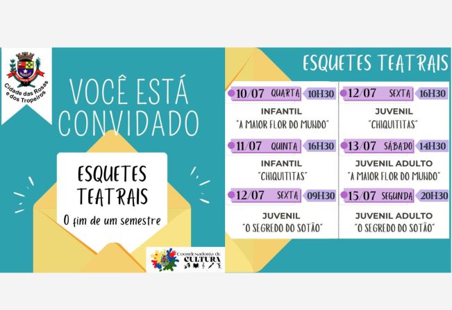 Viva a Magia do Teatro! Você está convidado para uma experiência cultural única com os Projetos Culturais da Secretaria Municipal de Educação e Cultura na Modalidade TEATRO! Confira as datas e horários