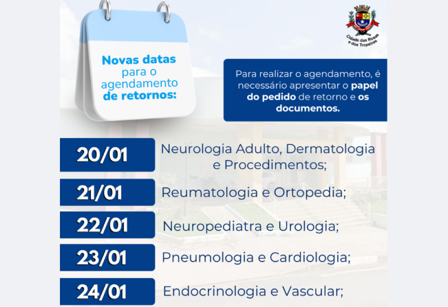 A Secretaria de Saúde e Promoção Social informa sobre os agendamentos de RETORNO com os médicos das especialidades da Policlínica. Confira