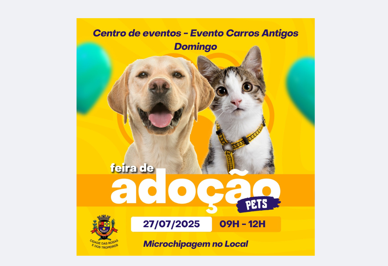 Neste domingo, 27 de julho, Cerquilho promove a Feira de Adoção de Cães e Gatos no Centro de Eventos, durante o evento de Carros Antigos.