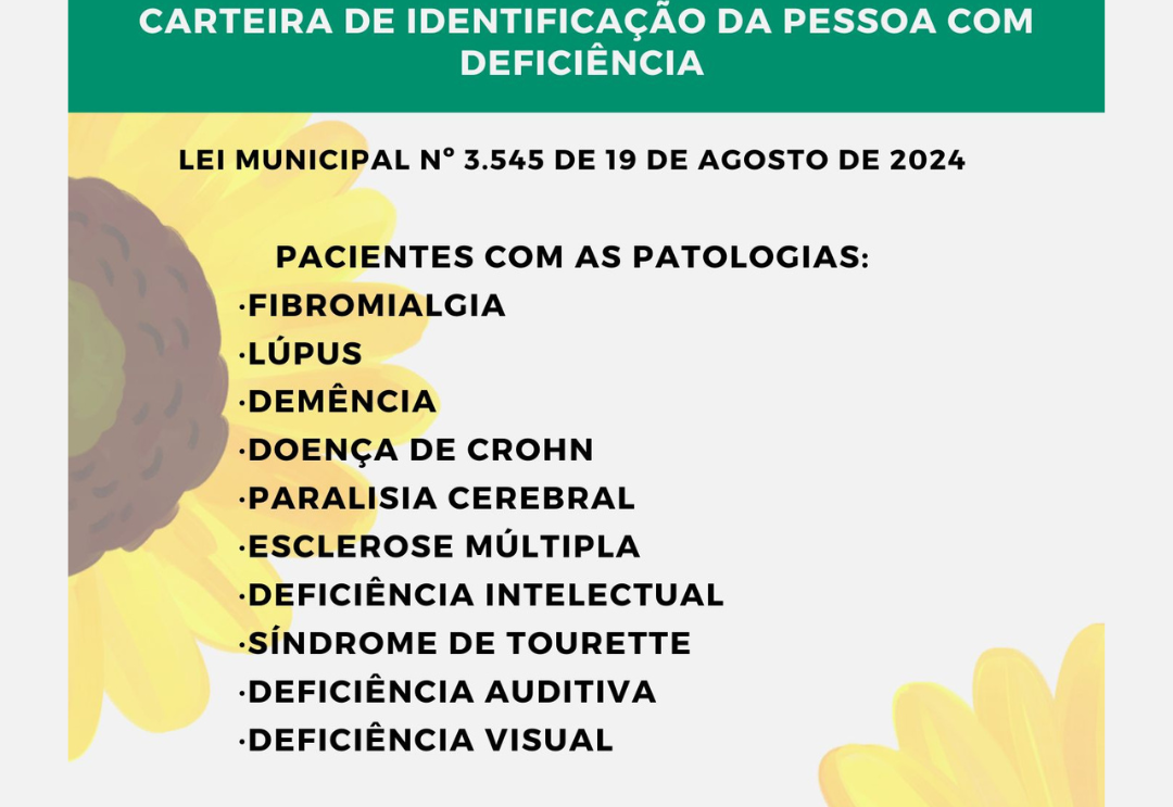 A Prefeitura Municipal, por meio da Secretaria da Saúde, informa que está disponível a Carteira de Identificação da Pessoa com Deficiência (CIPcD). Veja mais
